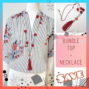 LOT OF X2🍒Roses Blue Striped Top| Vintage Beaded Tassel Long Necklace